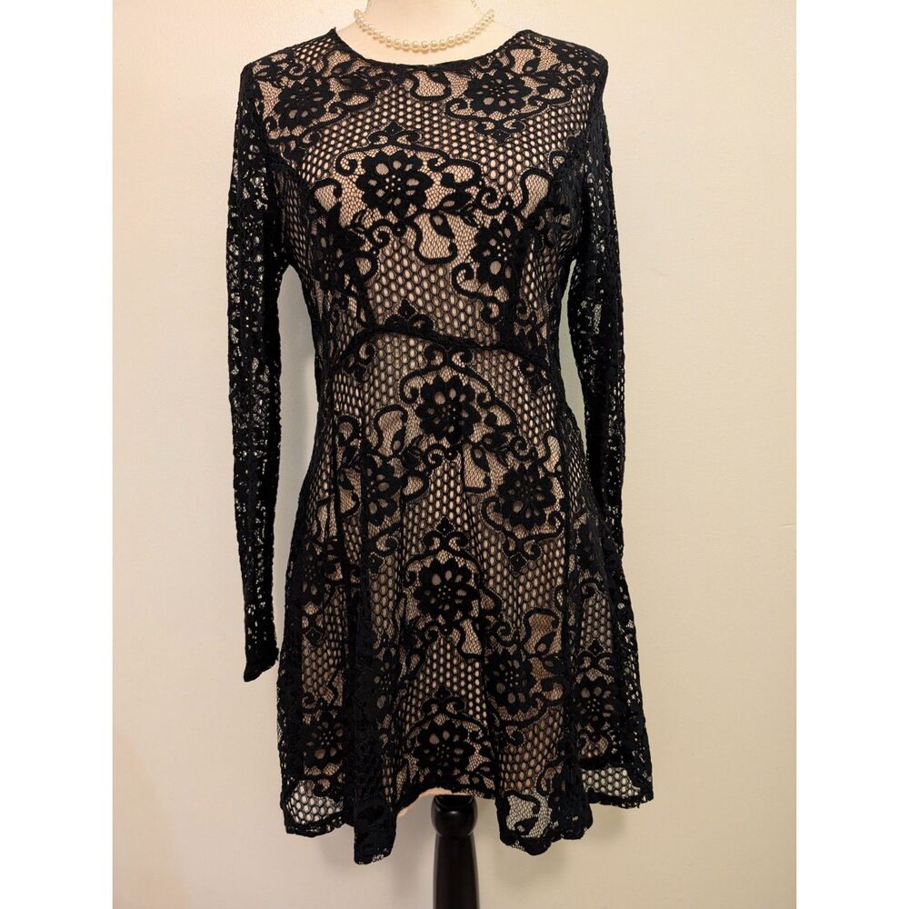 Speechless Black Overlay Lace Long Sleeve Dress With Nude Lining